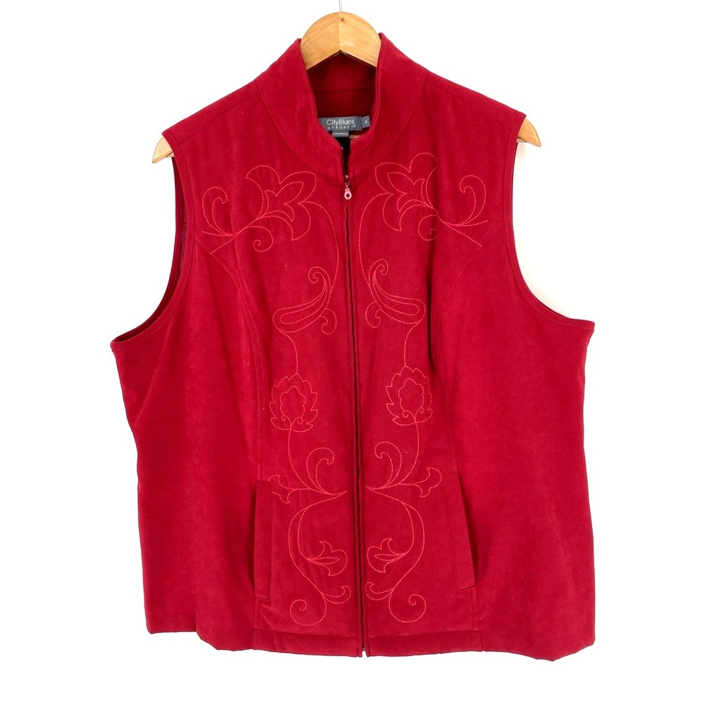 City Blue By Koret Womens 1X‎ Vest Red Emboirdered Full Zip